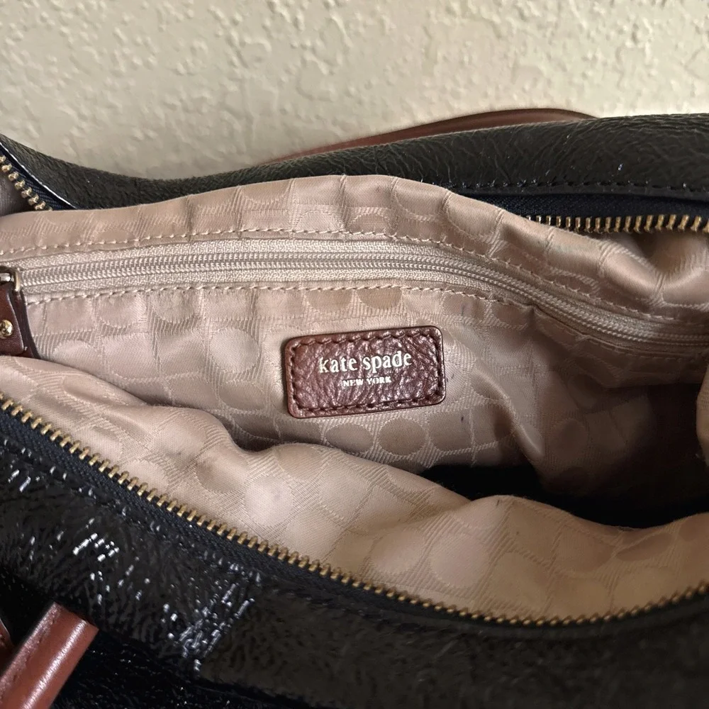 Kate Spade Black Patent Brown Leather Combo Court Tote‎ Shoulder Bag Crossbody